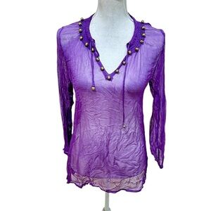 Letarte Handmade. Sheer crinkle purple tunic Top antique Gold beads size small